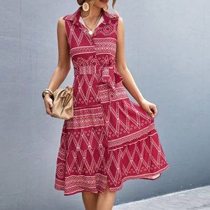 Deep Red Printed Button Front Tie-Waist Sleeveless Collared Dress